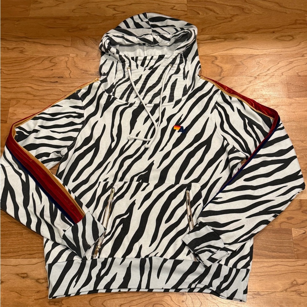 Aviator Nation Ninja Hoodie Zebra Animal with rainbow stripes